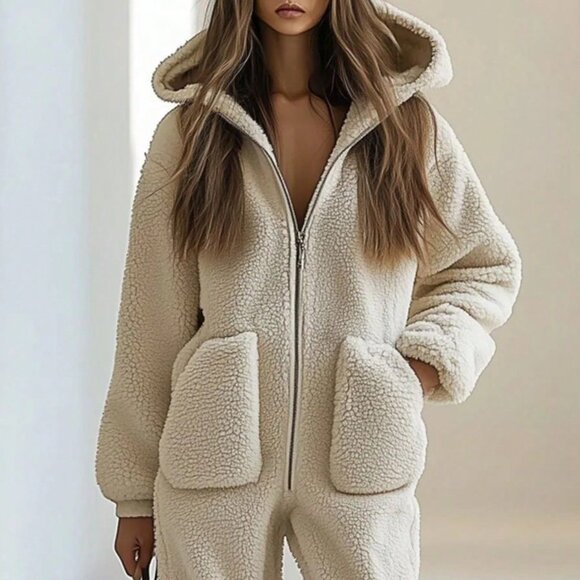 Ivory Casual Women's Long Sleeve Hooded Jumpsuit with Zipper and Pockets - Picture 2 of 3